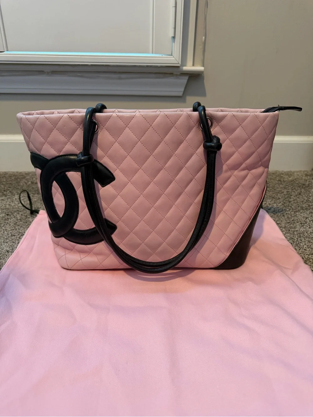 CHANEL Calfskin Quilted Large Cambon Tote Pink & Black Authentic - Picture 2 of 12